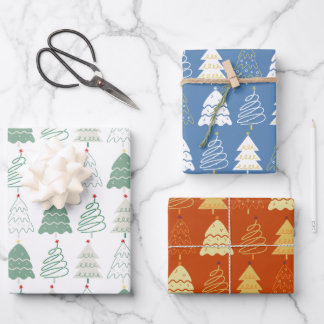 Weihnachtsbaum-Muster in Retro Grün Blau Russet Geschenkpapier Set