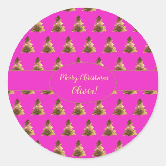 Weihnachtsbaum Muster Rosa und Gold Elegant Runder Aufkleber (Vorderseite)