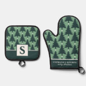 Weihnachtsbaum Muster Sage Green Mit Monogramm Ofenhandschuh & Topflappen-Set (Vorderseite)