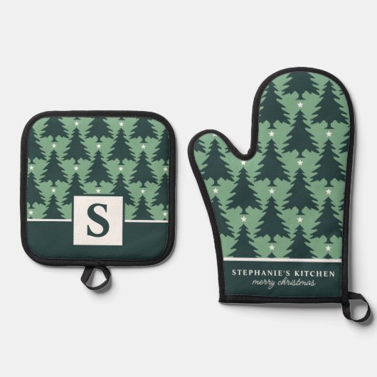 Weihnachtsbaum Muster Sage Green Mit Monogramm Ofenhandschuh & Topflappen-Set (Vorderseite)