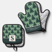 Weihnachtsbaum Muster Sage Green Mit Monogramm Ofenhandschuh & Topflappen-Set (Vorderseite/Rückseite)