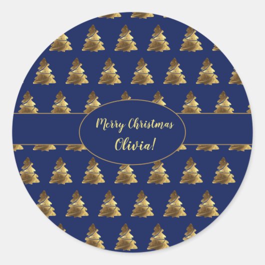 Weihnachtsbaum Navy Blau und Gold Elegant Runder Aufkleber (Vorderseite)