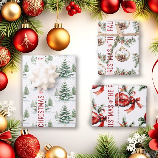 Weihnachtsbaum, Ornamente, Wünsche und Name Urlaub Geschenkpapier Set