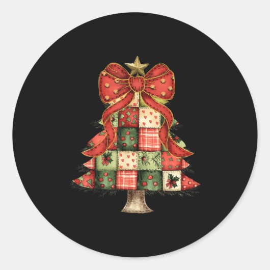 Weihnachtsbaum Patchwork Coquette Bow Xmas Pajamas Runder Aufkleber (Vorderseite)