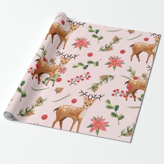 Weihnachtsbaum Pink Berries Deer Wrapping Paper Geschenkpapier (Ungerollt)