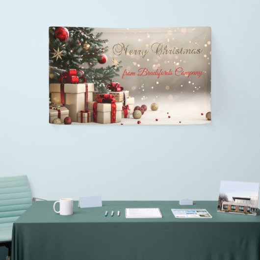 Weihnachtsbaum präsentiert Bokeh Frohe Weihnachten Banner (Messeveranstaltung)