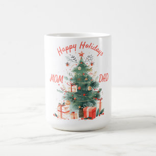 Weihnachtsbaum präsentiert weiße Mama und Vater Kaffeetasse