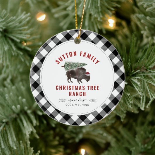 Weihnachtsbaum Ranch Santa Buffalo Kariertes Muste Keramik Ornament (Baum)