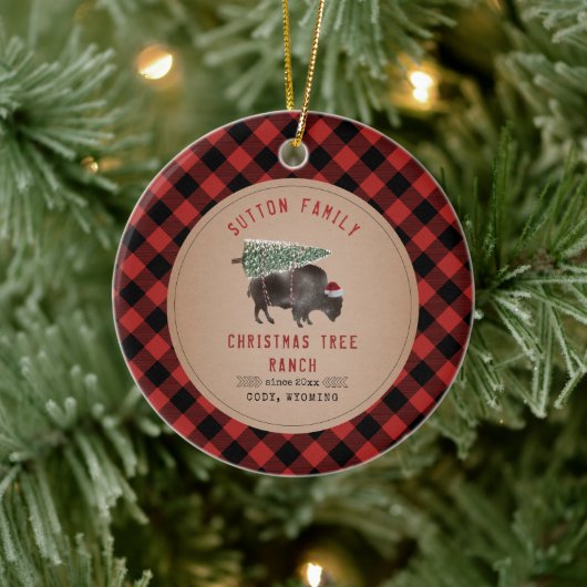 Weihnachtsbaum Ranch Santa Buffalo Rustikal Karier Keramik Ornament (Baum)