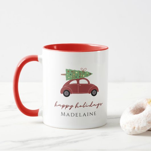 Weihnachtsbaum Red Car Ihr Name glückliche Ferien Tasse (Mit Donut)