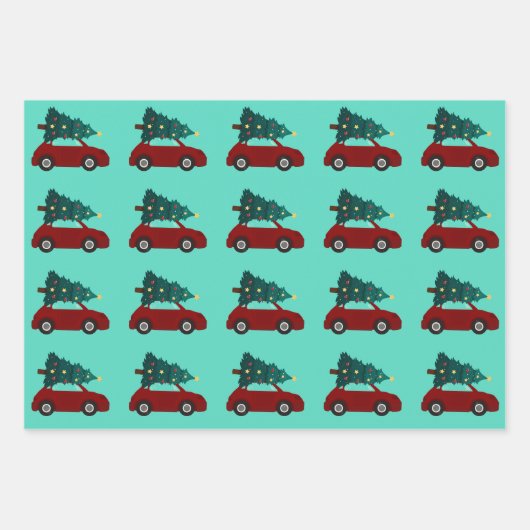 Weihnachtsbaum Red Car Muster Tree Wasserfarbe Geschenkpapier Set (Vorderseite 3)