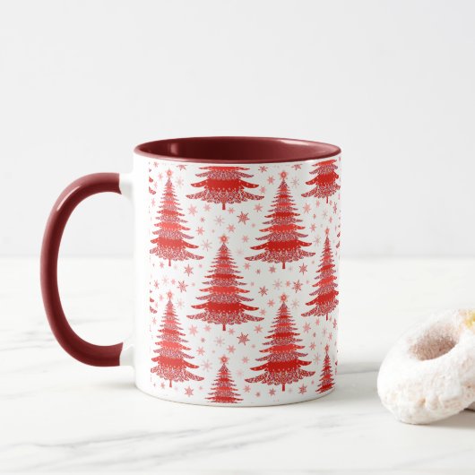 Weihnachtsbaum Red Pattern Design Tasse (Mit Donut)