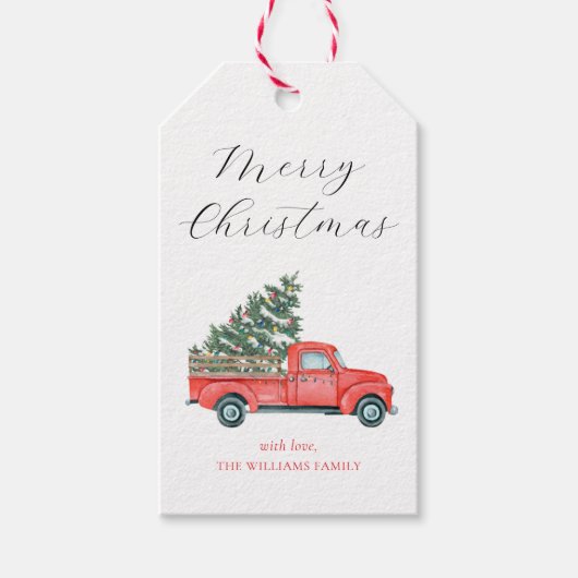 Weihnachtsbaum & Red Truck Frohe Weihnachten Geschenkanhänger (Vorderseite)
