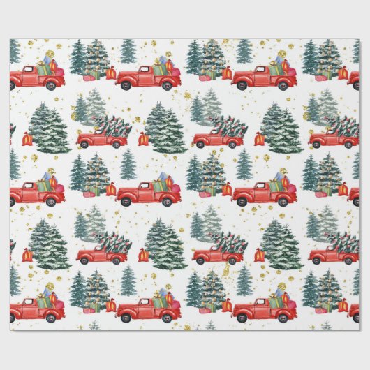 Weihnachtsbaum Red Truck Wasserfarbenurlaub Geschenkpapier (Flach)