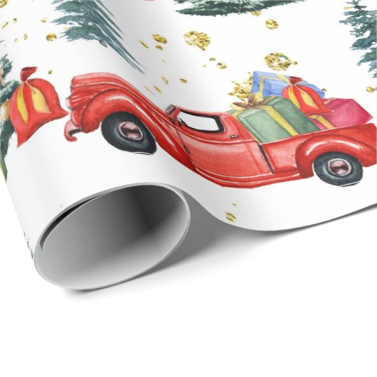 Weihnachtsbaum Red Truck Wasserfarbenurlaub Geschenkpapier (Rolleneckpunkt)