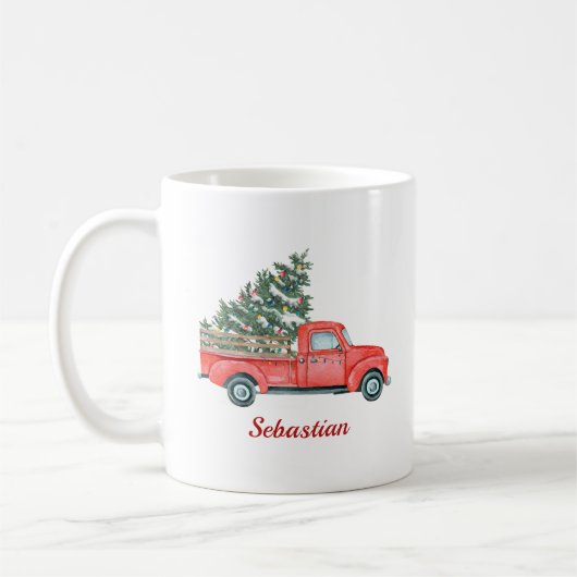 Weihnachtsbaum Red Truck X'mas Name Tasse (Links)