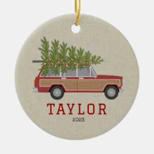 Weihnachtsbaum Red Wood SUV Wagon Imitate Tweed Keramik Ornament