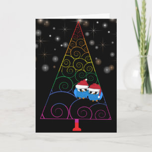 Weihnachtsbaum Regenbogen und zwei Eulen Feiertagskarte
