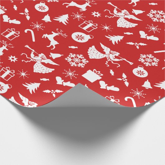 Weihnachtsbaum Reindeer Snowflake Angel Red White Geschenkpapier (Ecke)