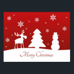 Weihnachtsbaum Reindeer Snowman Poster<br><div class="desc">Moderne,  schlichte Weihnachtsbilder mit weißen Silhouetten von Rentieren,  Baum,  Schneemann und Schneeflocken mit fröhlichen Weihnachtsgrüßen auf rotem Hintergrund.</div>