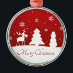 Weihnachtsbaum Reindeer Snowman Silbernes Ornament<br><div class="desc">Moderne,  schlichte Weihnachtsbilder mit weißen Silhouetten von Rentieren,  Baum,  Schneemann und Schneeflocken mit fröhlichen Weihnachtsgrüßen auf rotem Hintergrund.</div>