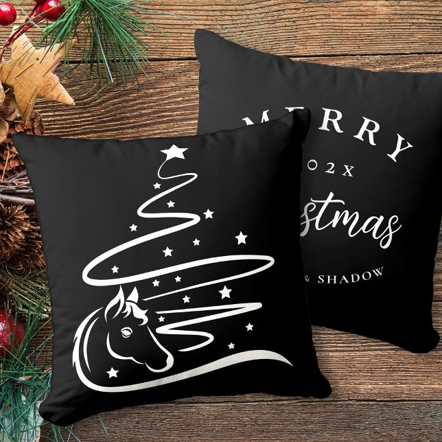 Weihnachtsbaum Reittiere schwarz-weiß Kissen (Horse Christmas tree personalized pillow, black and white vector art.)