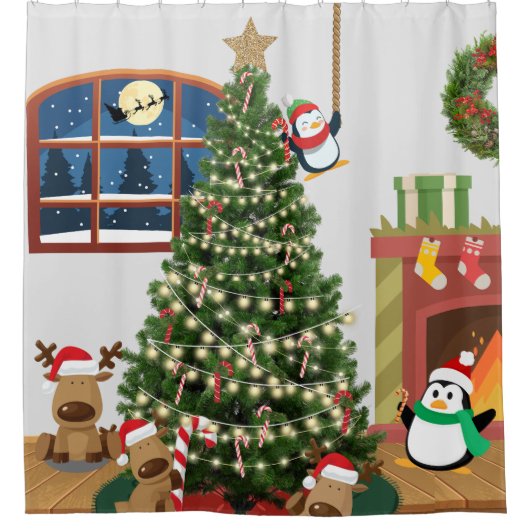 Weihnachtsbaum Rentier Penguin Candy Cane Duschvorhang (Vorderseite)
