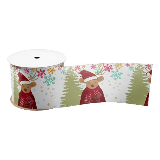 Weihnachtsbaum & Rentier Roter Grüner Klassiker Satinband (Spule)