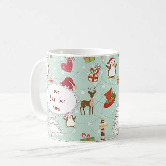 Weihnachtsbaum-Rentierelfen Kaffeetasse (Vorderseite Links)