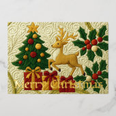 Weihnachtsbaum Rentiergeschenke gequiltet aussehen Folien Feiertagskarte (Vorderseite)