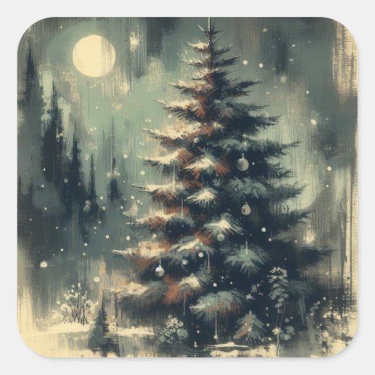 Weihnachtsbaum Retro Illustration Quadratischer Aufkleber (Vorderseite)