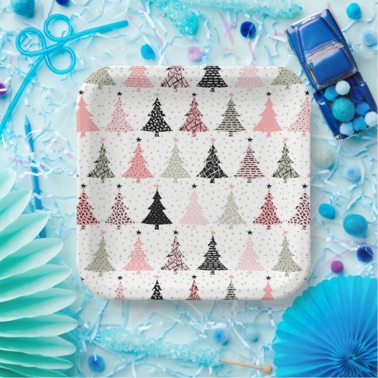 Weihnachtsbaum Rosa & Grün mit weißem Hintergrund Pappteller (Party)