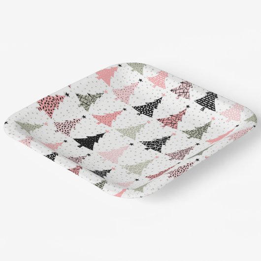 Weihnachtsbaum Rosa & Grün mit weißem Hintergrund Pappteller (Gewinkelt)