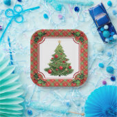 Weihnachtsbaum Rot Kariert mit Holly Pappteller (Party)