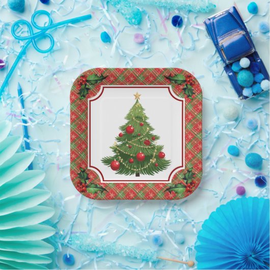 Weihnachtsbaum Rot Kariert mit Holly Pappteller (Party)