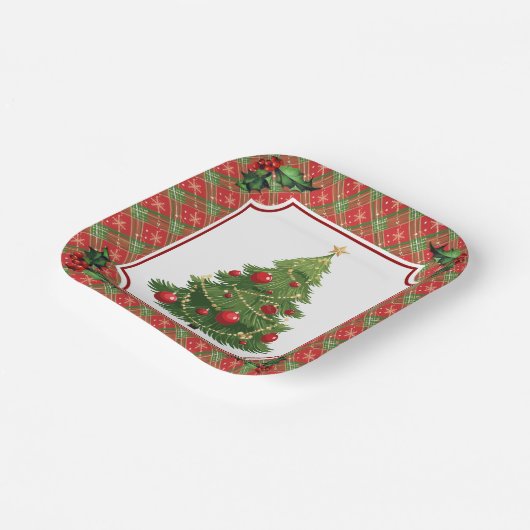 Weihnachtsbaum Rot Kariert mit Holly Pappteller (Gewinkelt)