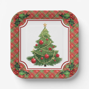 Weihnachtsbaum Rot Kariert mit Holly Pappteller