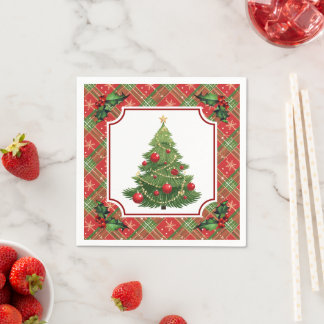 Weihnachtsbaum Rot kariert mit Stechpalme Serviette