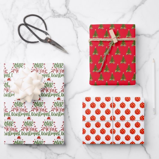 Weihnachtsbaum rot und grün geschenkpapier set (Vorderseite)
