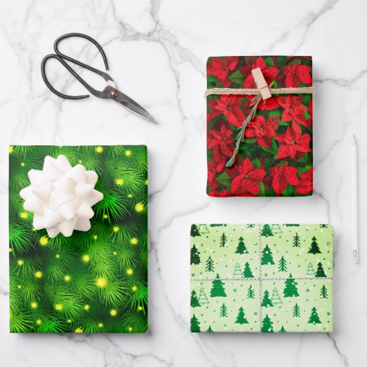 Weihnachtsbaum Rote Poinsettia Rot & Grün Urlaub Geschenkpapier Set (Vorderseite)