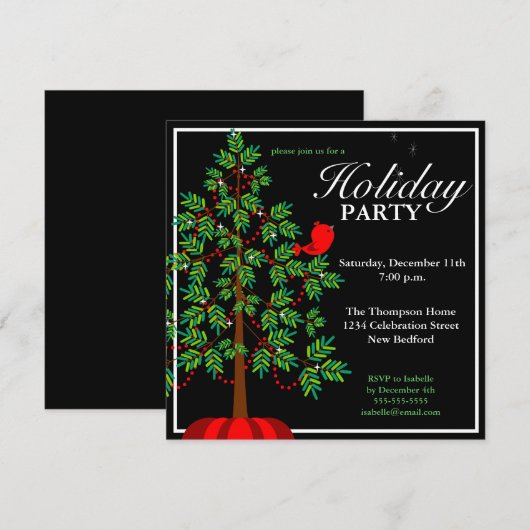 Weihnachtsbaum-rote Vogel-Party Einladung (Vorne/Hinten)