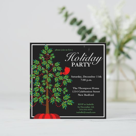 Weihnachtsbaum-rote Vogel-Party Einladung (Stehend Vorderseite)