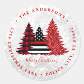 Weihnachtsbaum-Rücksendeadresse des Feuerwehrmanns Runder Aufkleber (Vorderseite)