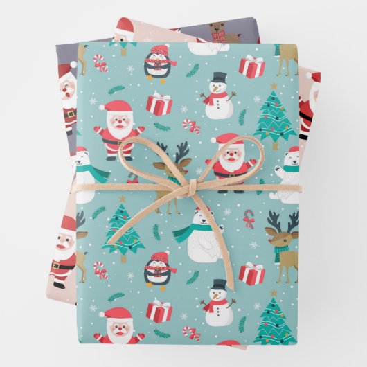 Weihnachtsbaum Santa Claus Reindeer Snowman Blue Geschenkpapier Set (Beispiel)