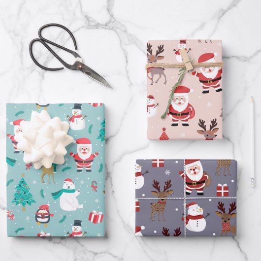 Weihnachtsbaum Santa Claus Reindeer Snowman Blue Geschenkpapier Set (Vorderseite)