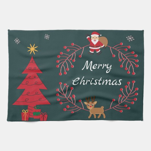 Weihnachtsbaum, Santa und Rudolph Geschirrtuch (Horizontal)