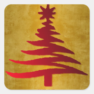 Weihnachtsbaum Schablone Rot auf Gold Quadratischer Aufkleber