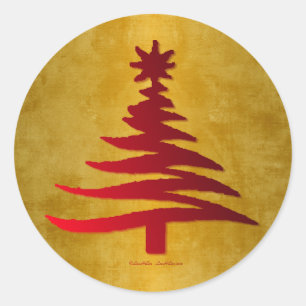Weihnachtsbaum Schablone Rot auf Gold Runder Aufkleber