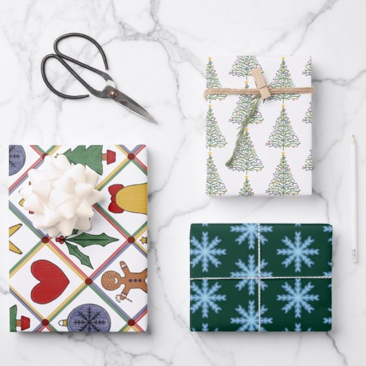 Weihnachtsbaum, Schneeflocke und festliche Symbole Geschenkpapier Set (Vorderseite)