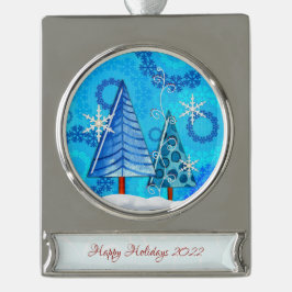 Weihnachtsbaum & Schneeflocken Banner-Ornament Silber
